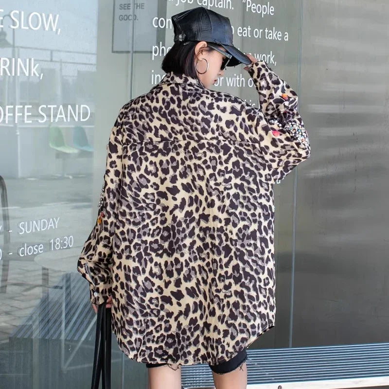 Harajuku Vintage Pearl Beaded Diamonds Leopard Print Women Thin Shirt Jacket Loose Casual Lapel Long Sleeve Female Jacket Coat SS69
