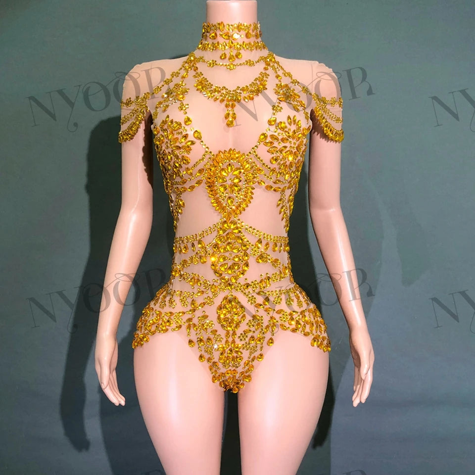 Sparkly Rhinestone Mesh Bodysuit for Women - Transparent Dance Leotard