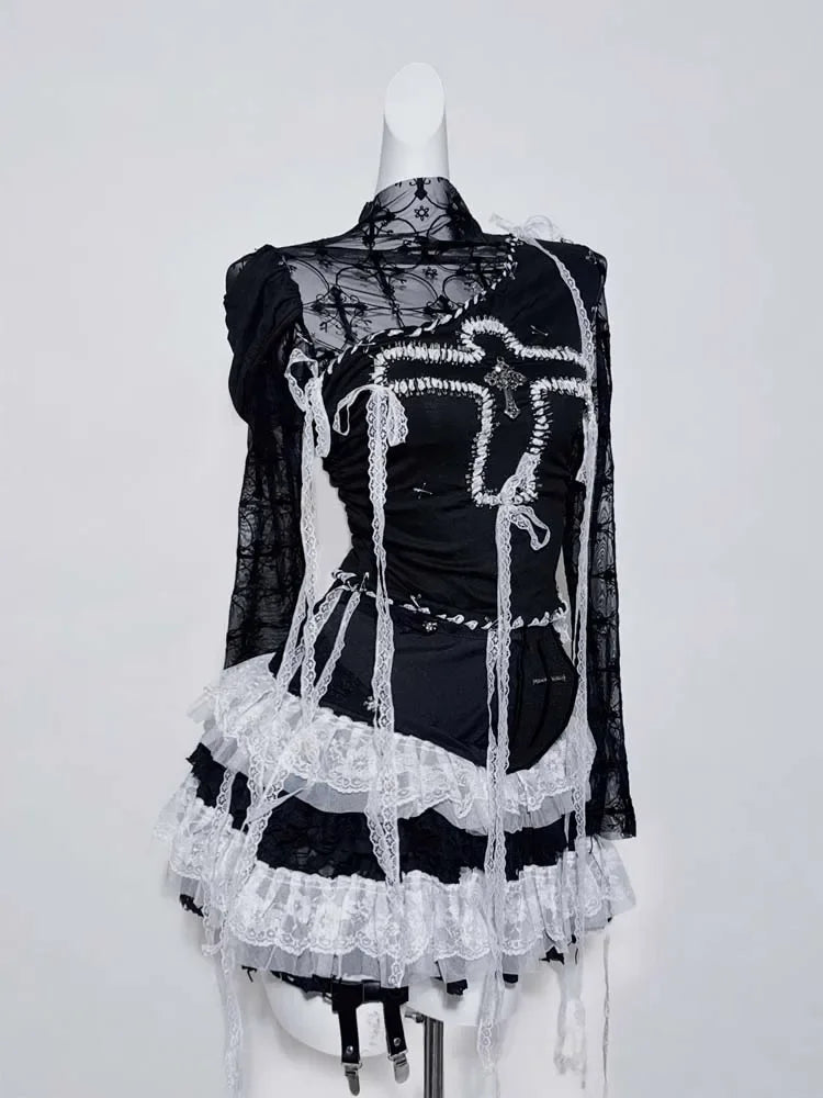 Original Design Punk Rock Cross Patch Long Sleeve Slash Tshirt Gothic Women Subculture Lace Ruffled Holloween Tee Tops Clothing SS69