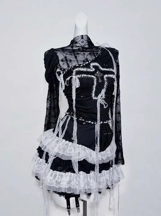 Original Design Punk Rock Cross Patch Long Sleeve Slash Tshirt Gothic Women Subculture Lace Ruffled Holloween Tee Tops Clothing SS69