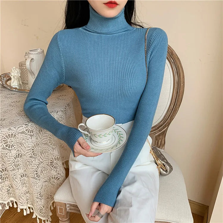 2025 Autumn Winter Women Long Sleeve Knitted Foldover Turtleneck Ribbed Pull Sweater Soft Warm Femme Jumper Pullover Clothes SS69