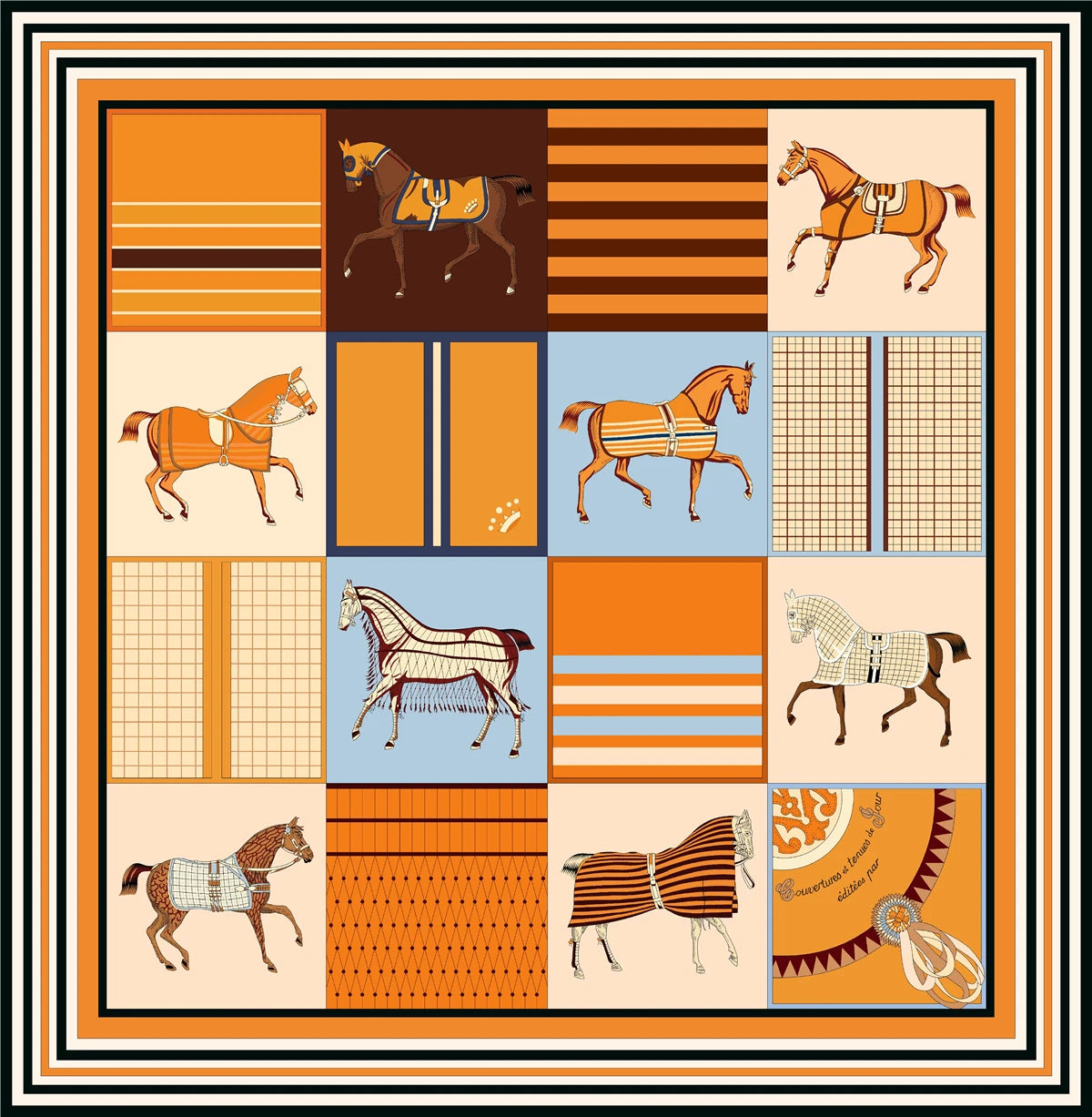 90cm Classic Checkered Horse Brand Square Scarf Women Twill Silk Scarf Shawl Hijab Luxury Bandana Foulard Neckerchief Head Scarf SS69 12.69 2390-21-2