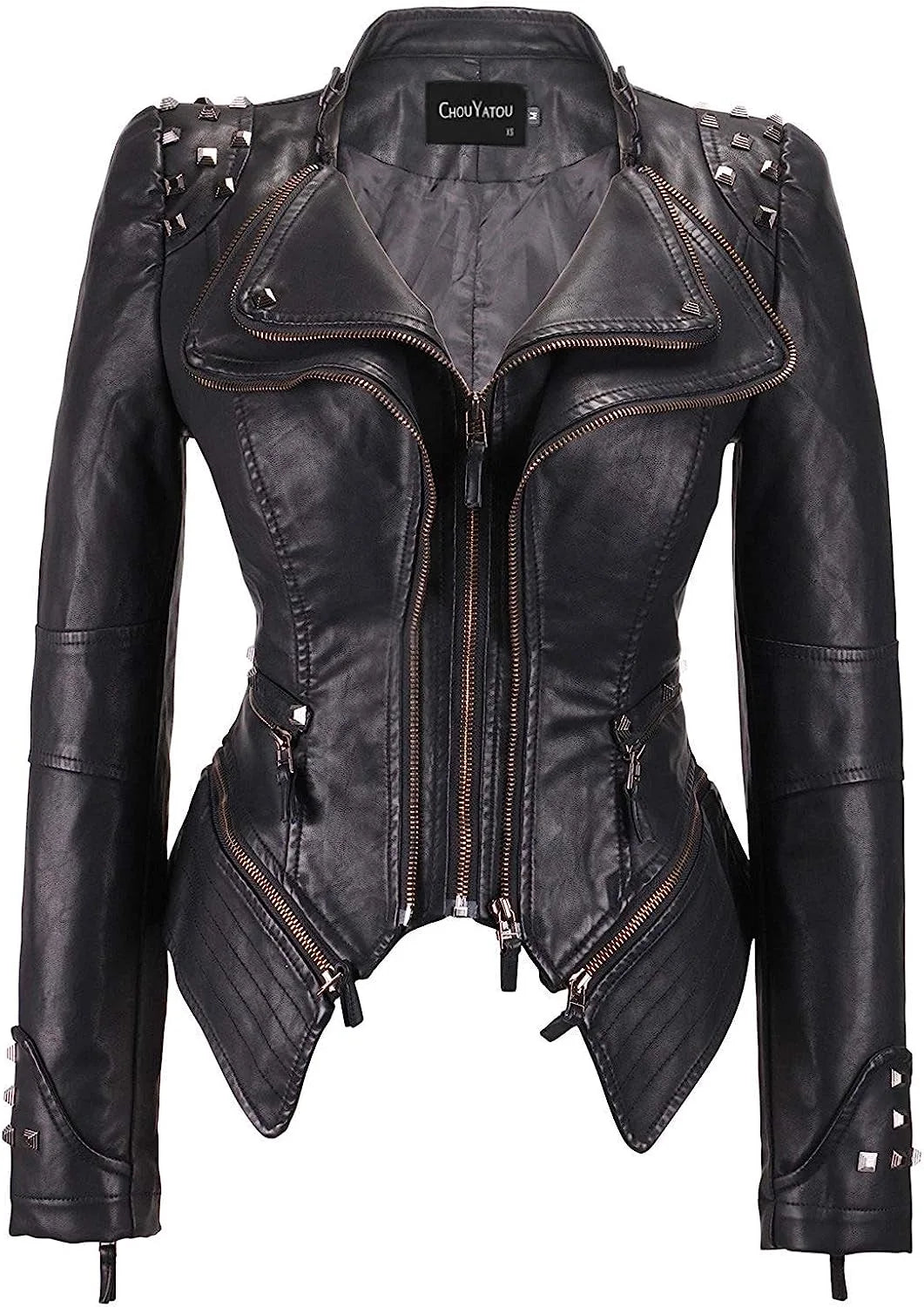 2025 Spring PU Leather Jacket with Rivet Detail