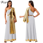 Womens one-shoulder white Greek goddess tunic dress with metallic gold drape and trim.
