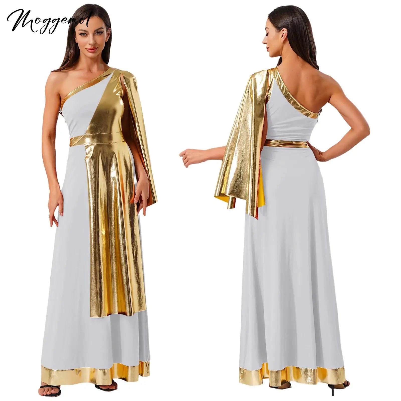 Womens one-shoulder white Greek goddess tunic dress with metallic gold drape and trim.