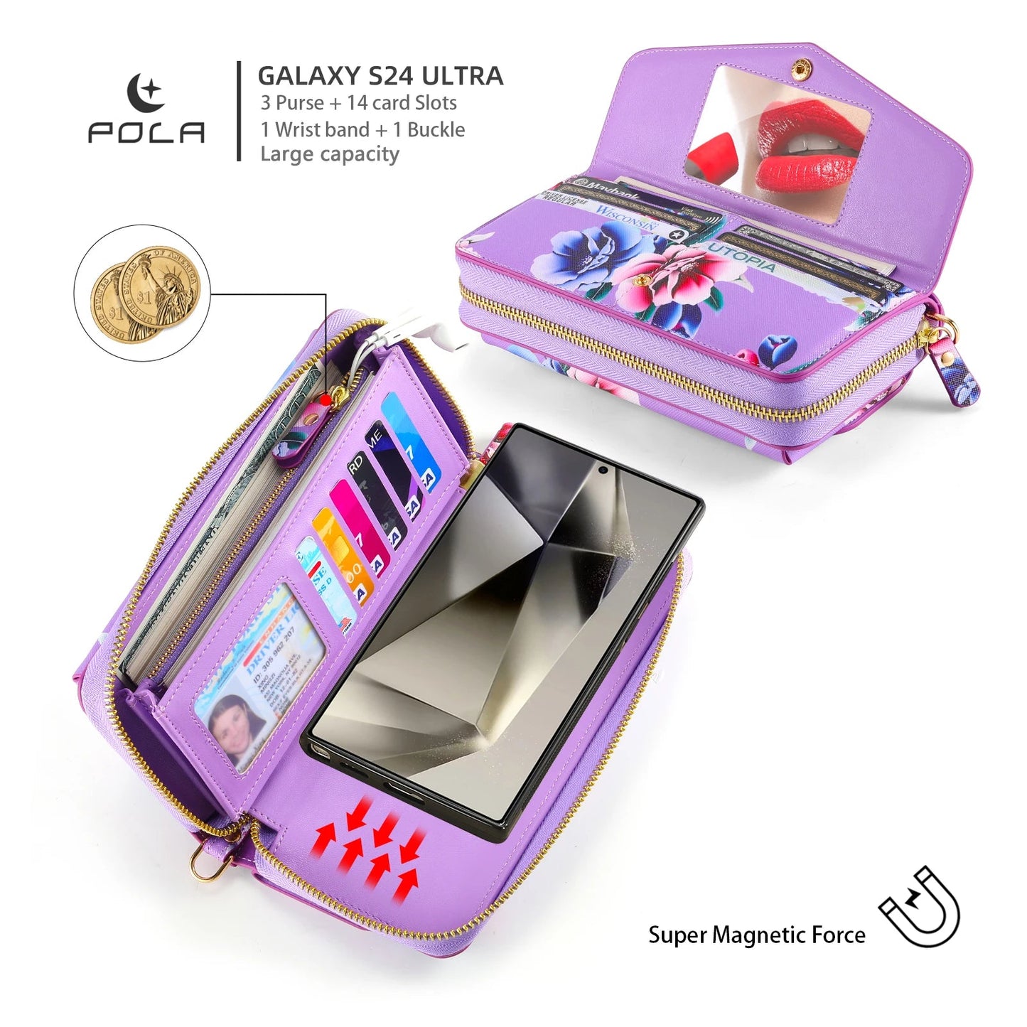 Phone Case Smartphone Android Cases Samsung Galaxy S25 Ultra Accessories Magsafe Wallet Luxury Lanyard Leather Zipper Flower Bag SS69