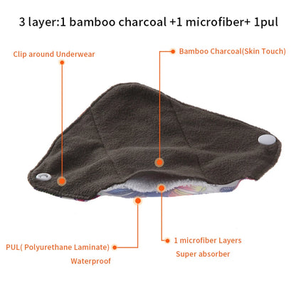 5PCS Reusable Menstrual Pads Heavy Flow Women Menstrual Period Washable Sanitary Napkin Organic Bamboo Charcoal Cloth Pad