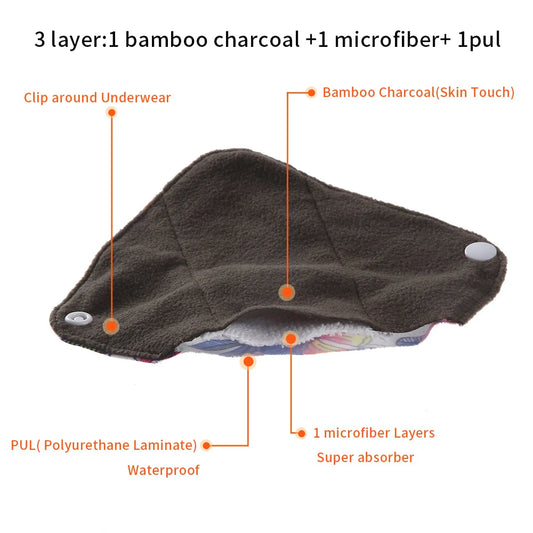 5PCS Reusable Menstrual Pads Heavy Flow Women Menstrual Period Washable Sanitary Napkin Organic Bamboo Charcoal Cloth Pad
