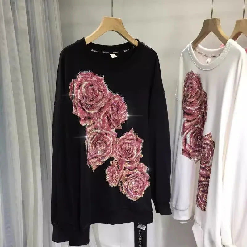 Oversized Rhinestone light luxury rose round-neck long-sleeved top pull-over women's sportswear SS69 35.69 black / 2XL