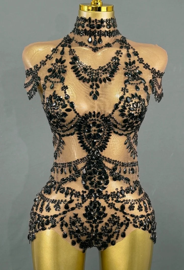 Sparkly Rhinestone Mesh Bodysuit for Women - Transparent Dance Leotard