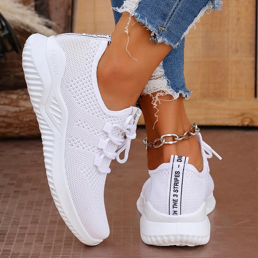 Women's White Slip-On Casual Sneakers - Breathable Fabric Upper & Lining, Elastic Side Panels for Easy Wear