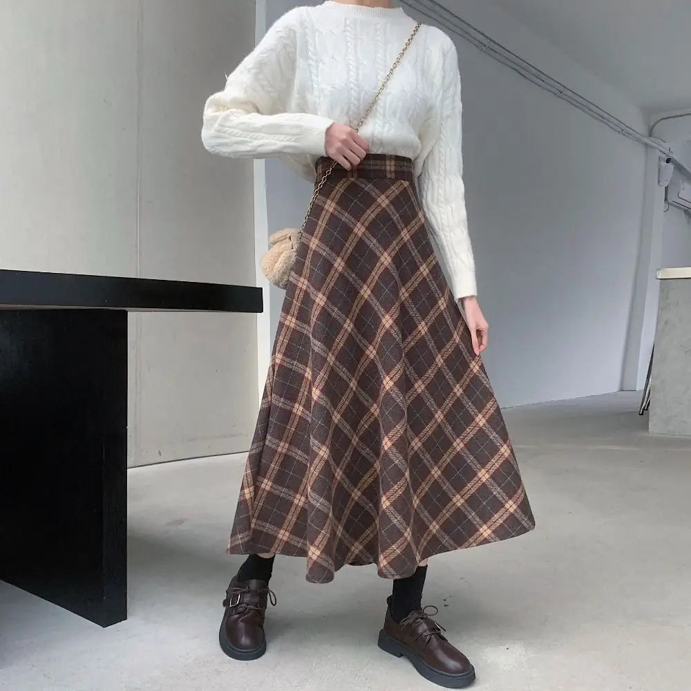 Elegant High Waist Retro Plaid Skirt Winter Autumu Classical High Waist Long Skirt Slim Fit Preppy Style A-line Half Dress Party