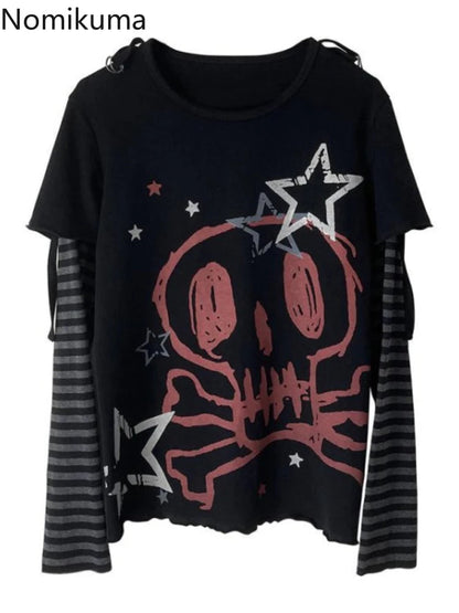 Oversized T Shirt Women's Clothing Chic Fake Two Tees 2025 Ropa Mujer Anime Punk Camisetas Skull Y2k Tops Casual Fashion T-shirt SS69