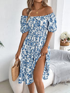 Summer Women's Beach Dress Floral 3D Print Square Neck Short-Sleeved Ladies Waist Ruffled A-Line Dress For Women Holiday Dresses