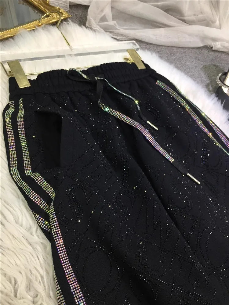 Oversized four-bar rhinestone diamond fall and winter sweatpants Slimming ankle tracksuit pants for women SS69