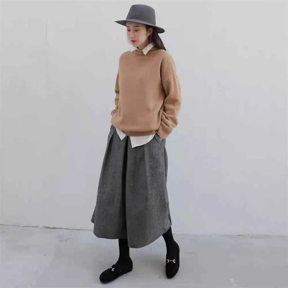 Loose Woolen Wide Leg Skirts Pants Women Pleated Casual Pants Winter Autumn Straight Trousers Elastic High Waist Fat Leg Pants
