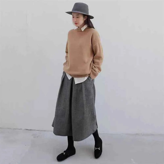 Loose Woolen Wide Leg Skirts Pants Women Pleated Casual Pants Winter Autumn Straight Trousers Elastic High Waist Fat Leg Pants