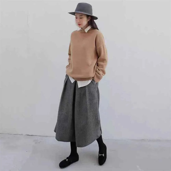 Loose Woolen Wide Leg Skirts Pants Women Pleated Casual Pants Winter Autumn Straight Trousers Elastic High Waist Fat Leg Pants