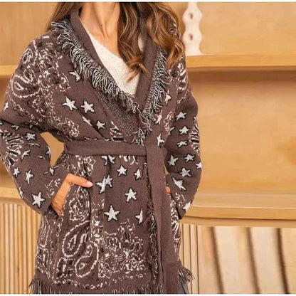 Warm Printed High Collar Knit Cardigans Women Contrast Jacquard Zipper Full Sleeve Pocket Sweater 2026 Spring Lady Chic Knitwear