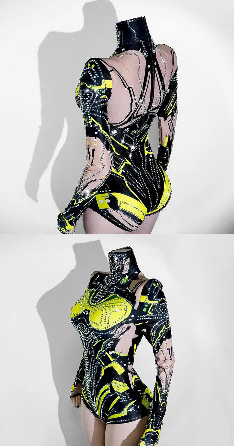Women's Green Rhinestone Bodysuit High Elasticity Dance Outfit