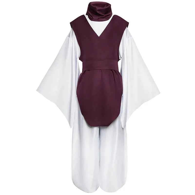Choso anime cosplay costume set featuring a maroon vest, white wide-sleeve top, and white pants.
