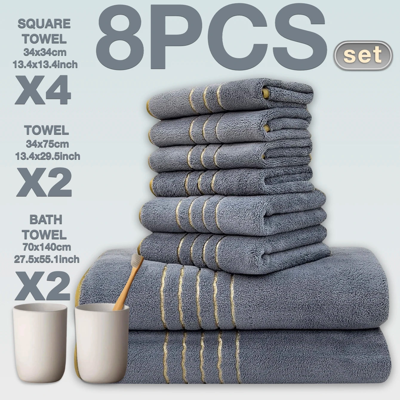 2/3/6/8 Pcs Bath Towel Set White & Gray with Gold Accents, Soft Absorbent Premium Towels for Home, Hotel & Bathroom