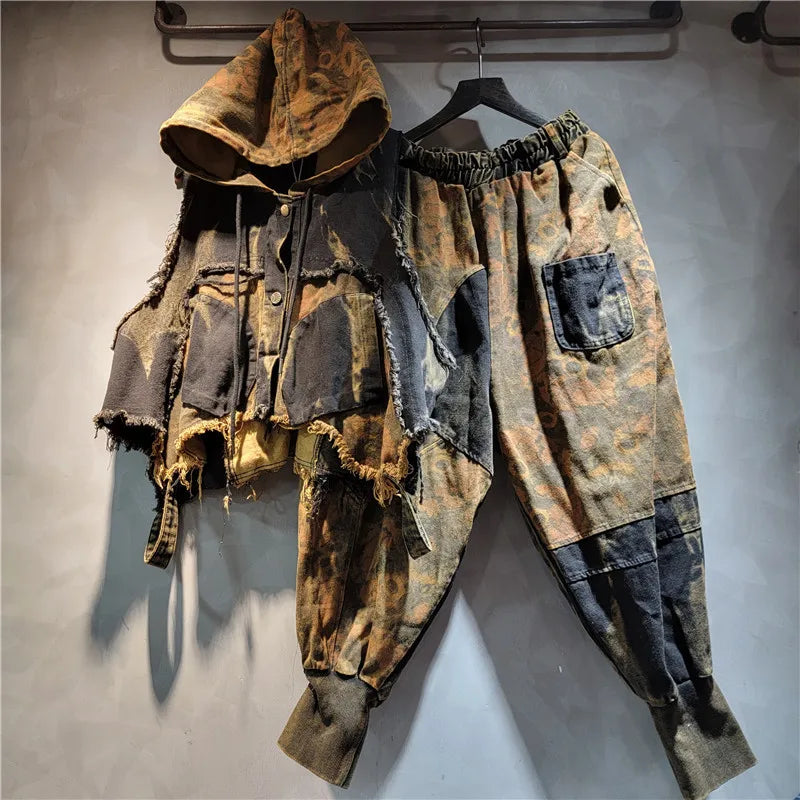 YEAE Women's Denim Hooded Vest and Harem Pants Two-Piece Casual Suit