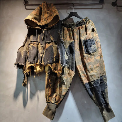 YEAE Women's Denim Hooded Vest and Harem Pants Two-Piece Casual Suit