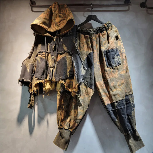 YEAE Women's Denim Hooded Vest and Harem Pants Two-Piece Casual Suit