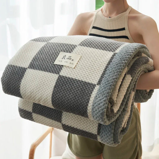 SS69 Handmade Chenille Knit Throw Blanket, Plaid Pattern, Machine Washable