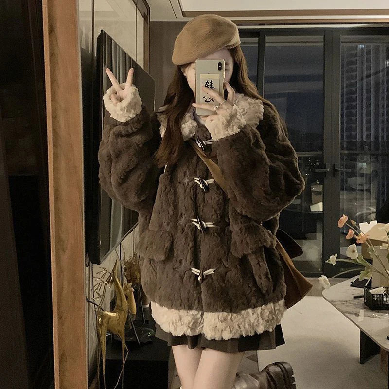 Vintage Horn Buttons Coat Women Winter Thick Warm Faux Wool Loose Jacket Y2K Streetwear Patchwork Casual Hotsweet Outwear New