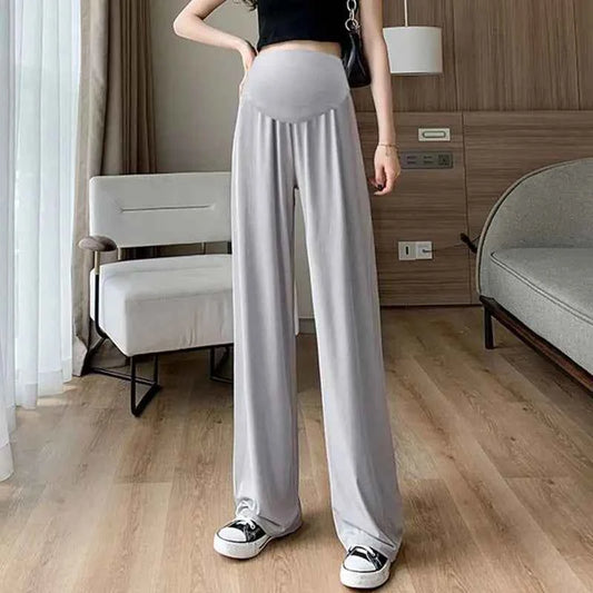 Summer Women's Maternity with Pockets Large Size Maternity Trousers Outside Wearing Thin Section of Ice Silk Draped Wide-Legged