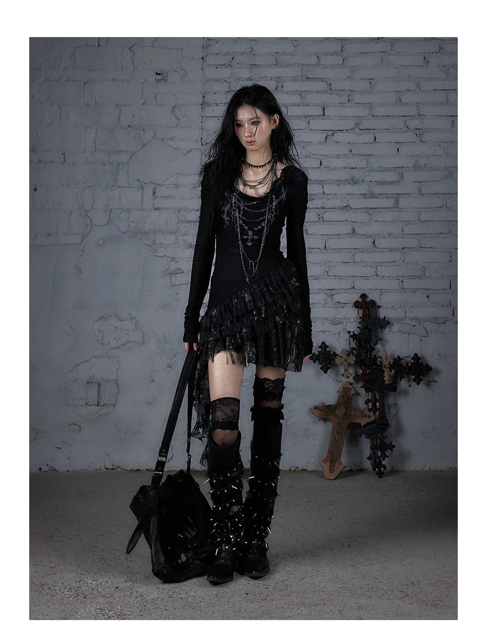 NO ROMANCE Fairy Sexy Punk Printing Half Transparent Lace Patch Knitted Long Sleeve Hooded Dresses Rock Gothic Design Vestidos SS69