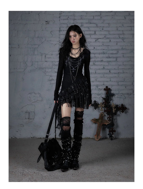 NO ROMANCE Fairy Sexy Punk Printing Half Transparent Lace Patch Knitted Long Sleeve Hooded Dresses Rock Gothic Design Vestidos SS69