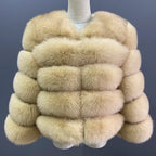 WGLUVF Women's Real Fox Fur Short O-Neck Coat