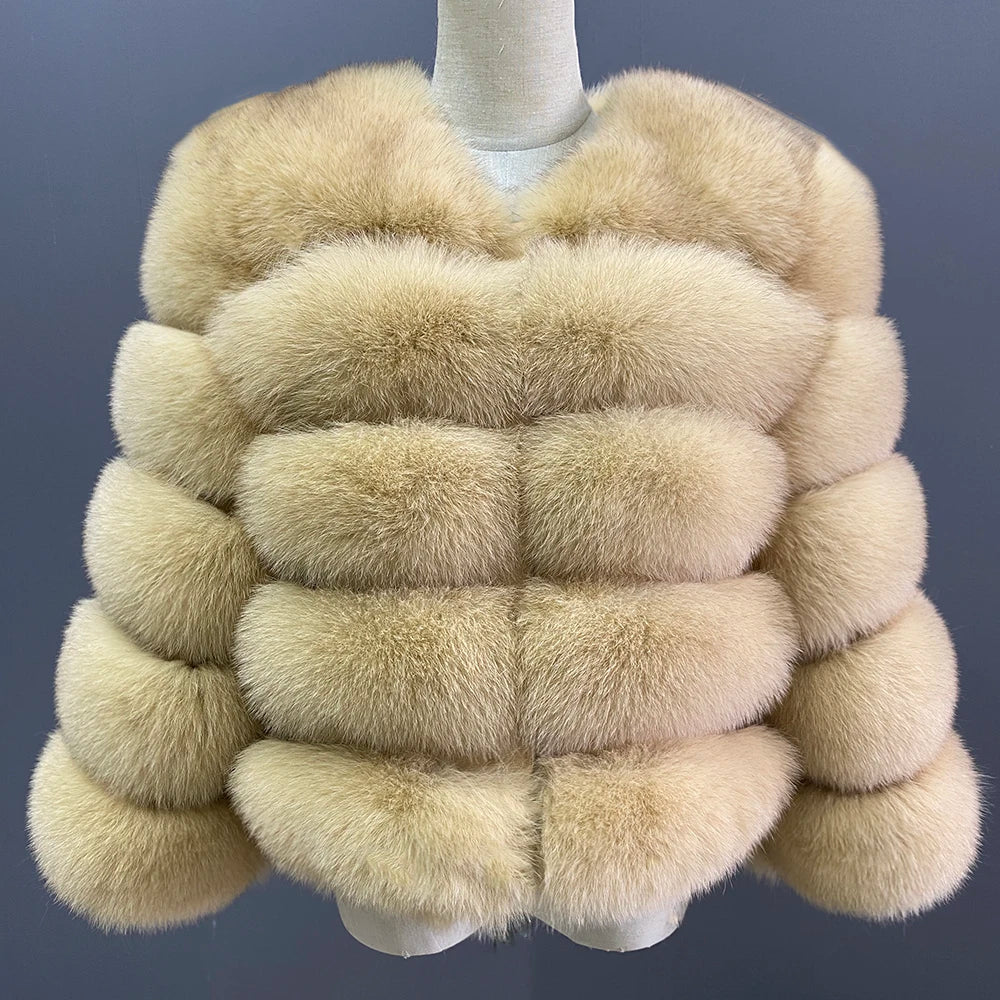 WGLUVF Women's Real Fox Fur Short O-Neck Coat