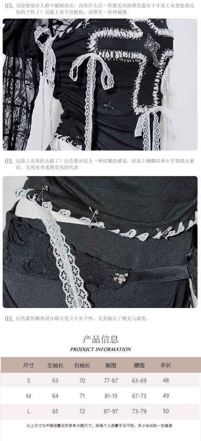 Original Design Punk Rock Cross Patch Long Sleeve Slash Tshirt Gothic Women Subculture Lace Ruffled Holloween Tee Tops Clothing SS69