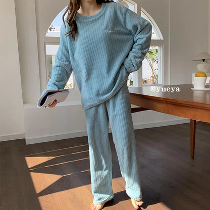 Women Coral Fleece Pajamas Set Winter Flannel Homewear Outfit Loungewear Sleepwear Cozy Warm House Dress Casual Wear