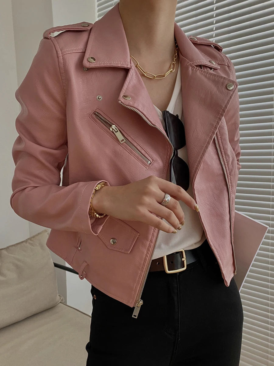 Women's PU Leather Motorcycle Jacket - Slim Fit, Turn-Down Collar