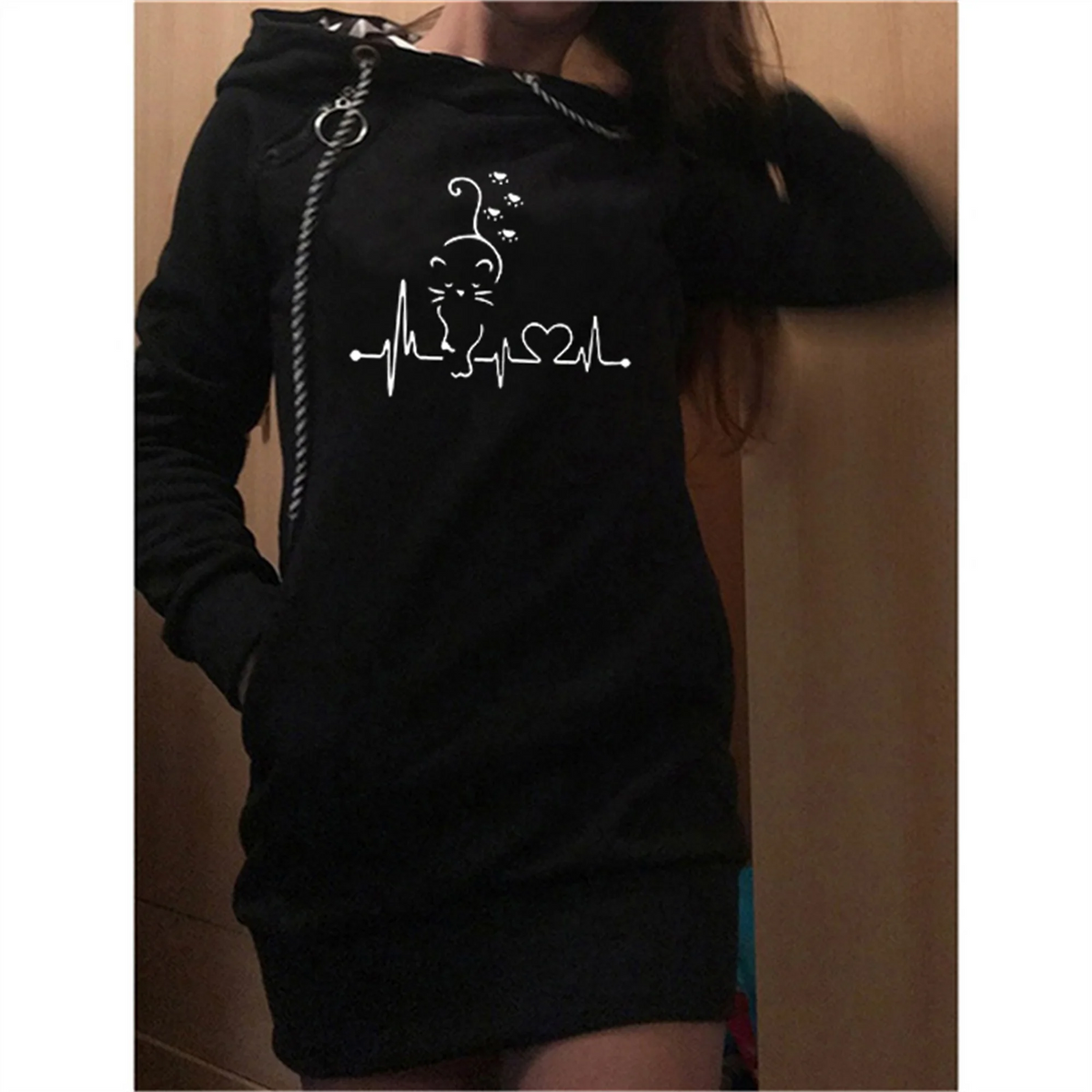 Women's Cat Print Hoodie Dress - Loose Fit Knit Pullover
