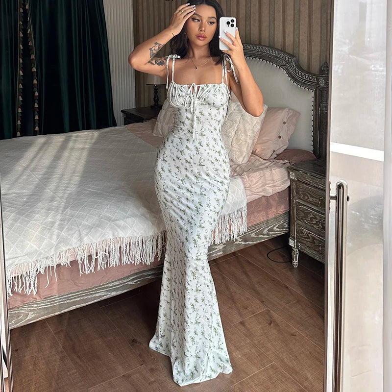 Hugcitar Women Floral Spaghetti Strap Bodycon Maxi Dress