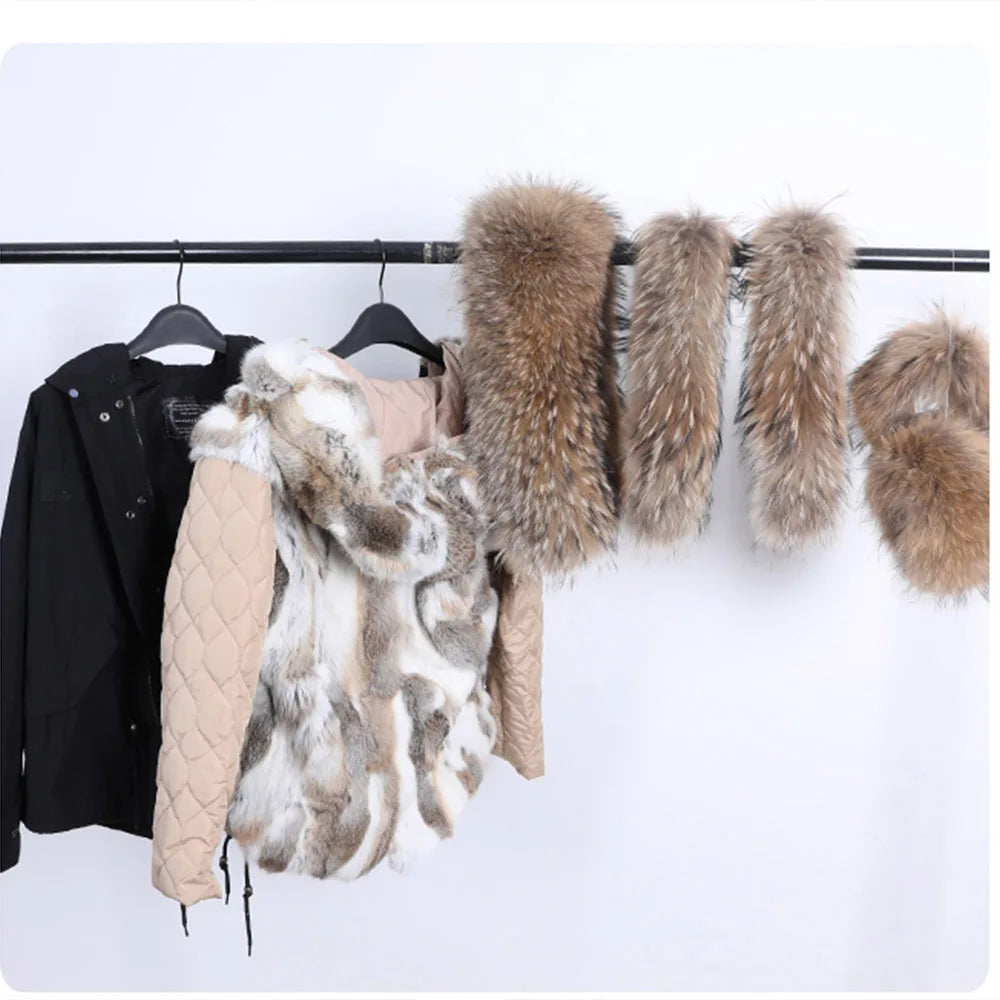 Maomaokong Winter Women Parka Cotton Jacket Real Fur Coat Natural Fox Fur Hooded Rabbit Fur Liner Thick Warm Outerwear Female