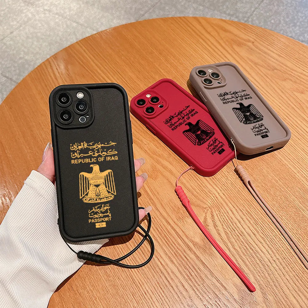 Iraq Passport Phone Case for IPhone 16 15 14 13 12 11 Pro Max Mini XR XS X 7 8 Plus Soft TPU Back Cover With Hand Strap SS69