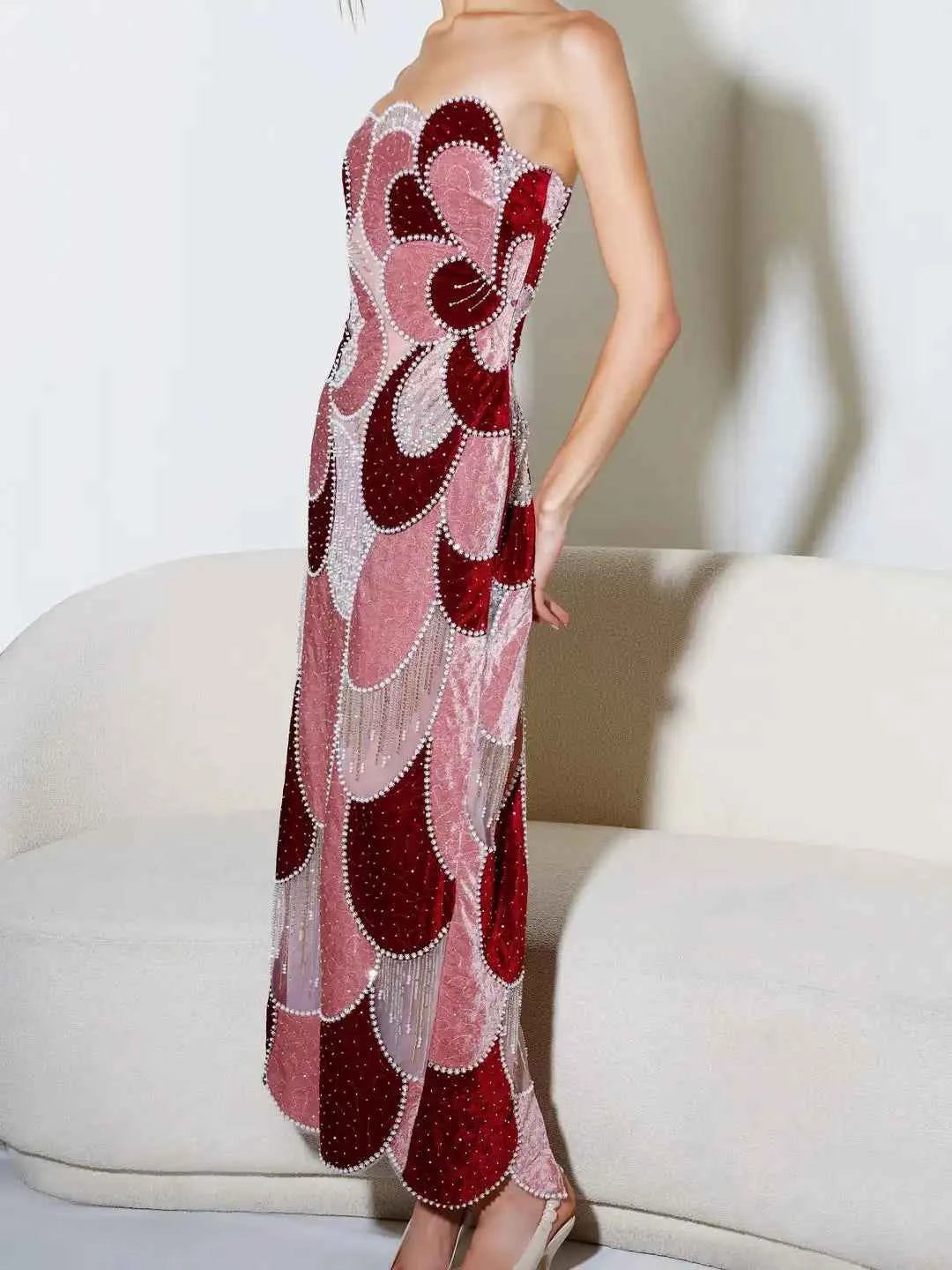 Customized Luxury Retro Trend Sheath Strapless Geometric Pattern Beaded Sequins Pearls Mesh Midi Evening Prom Formal Party Dress