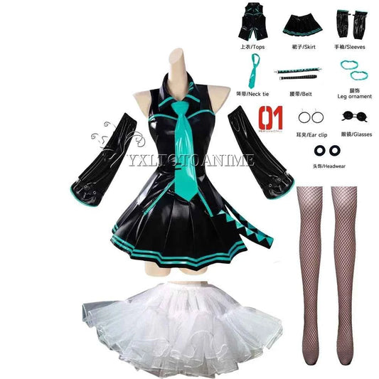 in stock Anime Miku Cosplay Full Set Costume Miku 16TH Cosplay Leather Midi Sexy Dress Halloween Carnival Party JK Uniform