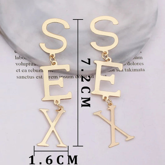 Punk Letter SEX Shape Dangle Earrings for Women Vintage European Metal Drop Earrings Golden Silver Color Black Red Green Jewelry SS69