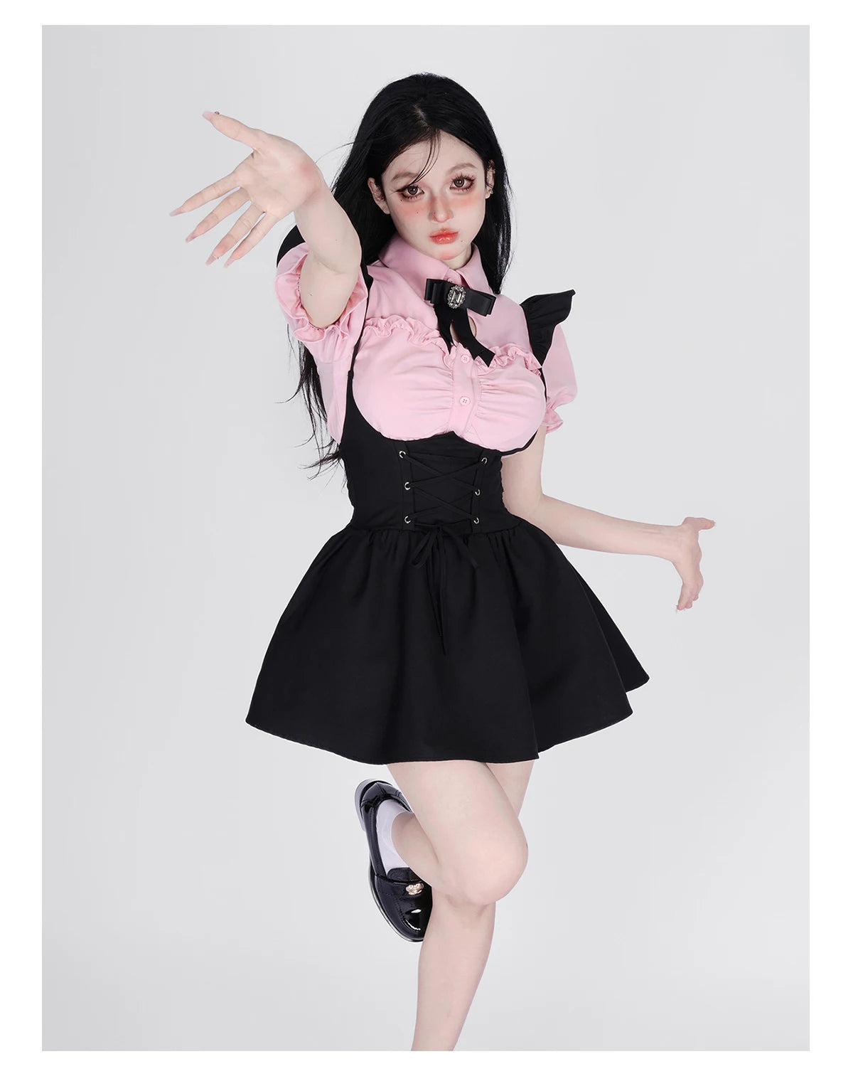 Summer Kawaii Clothing Pink Y2k Crop Tops Blouse + Black Mini Dress Two Piece Set for Women Casual Bodycon Korean Suit Chic SS69