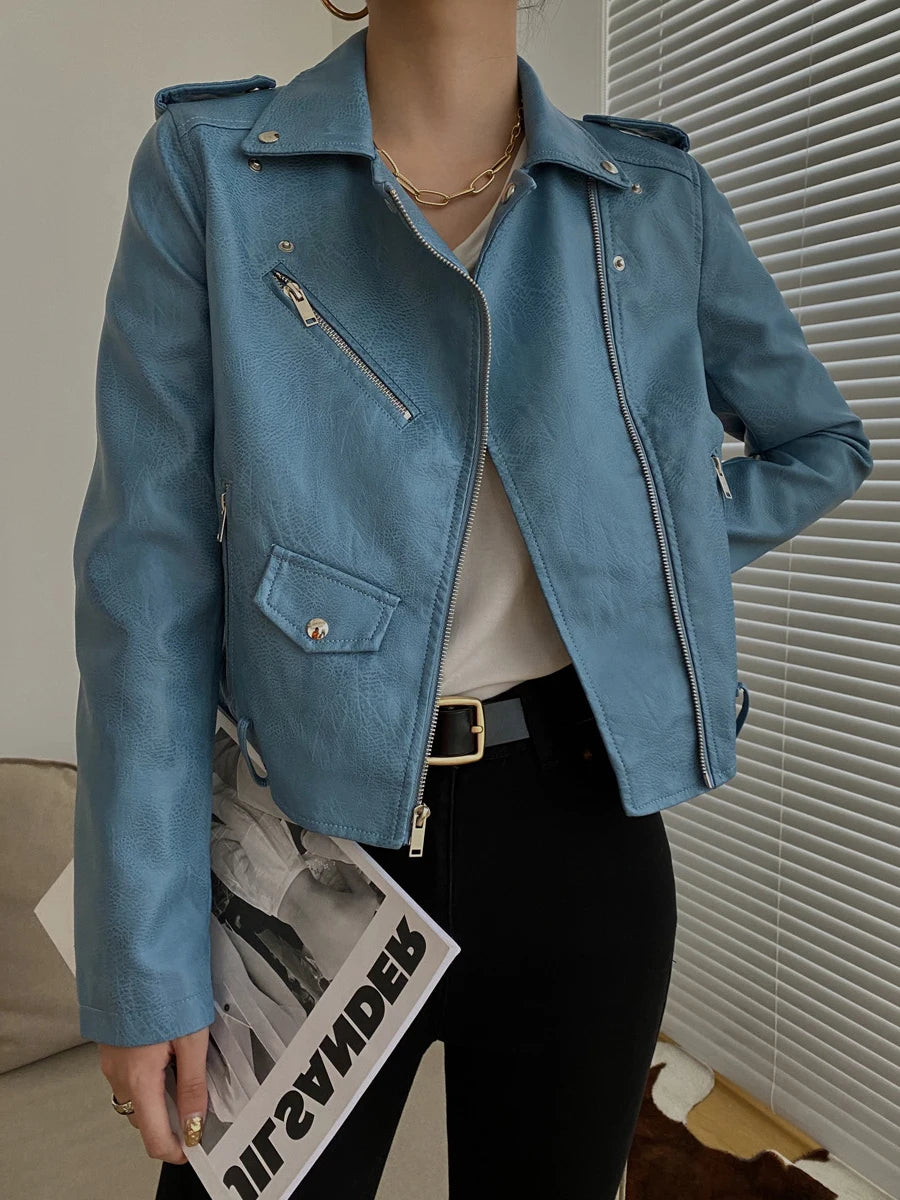 Women's PU Leather Motorcycle Jacket - Slim Fit, Turn-Down Collar
