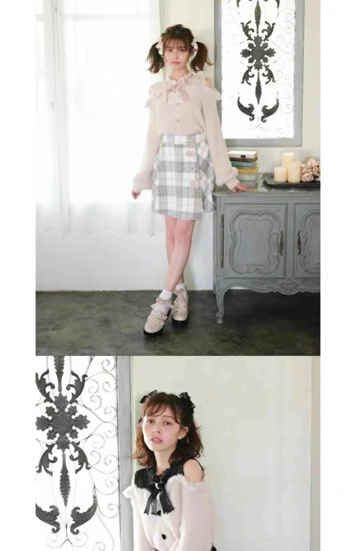 Liz Sweater Japanese Mass Production Autumn and Winter Woolen Off Shoulder Lace Slim Short Sweater Soft Furry Knitted Pullover