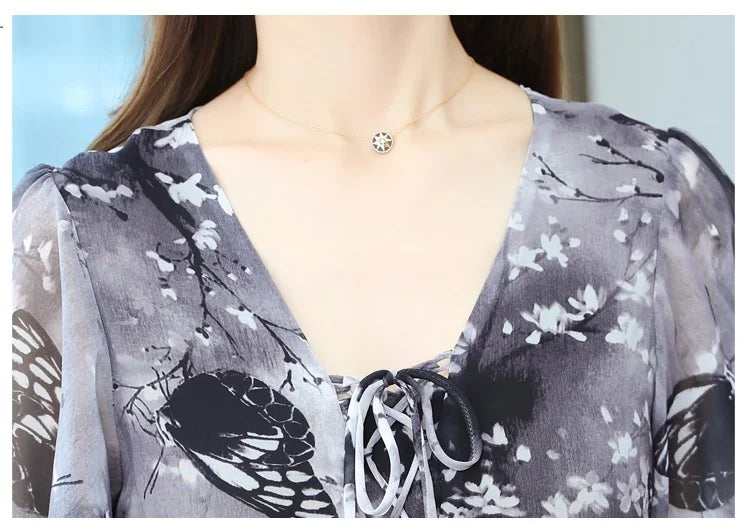Women floral Chiffon Flower Dress 2026 trends new in Ladies Elegant V Neck short Sleeve korean style Summer Dress Female Clothes